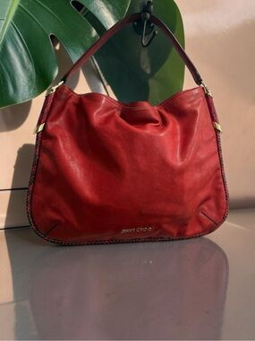 Jimmy Choo Solar Hobo Red Leather Exotic Snakeskin Trim Made Italy